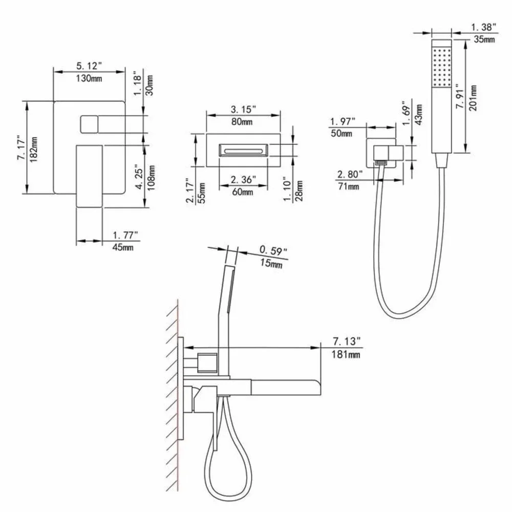 Modern Waterfall Wall-Mount‎ Solid Brass Bathtub Faucet With Handheld Shower